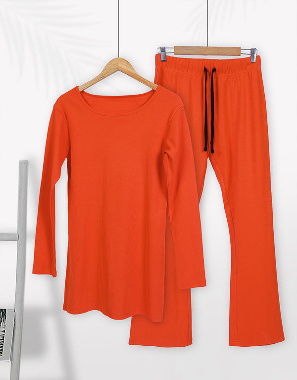 Super Soft Cosy Rib Shirt & Flare Trousers - Orange