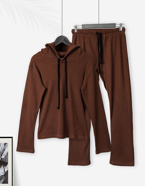 Super Soft Cosy Rib Hoodie & Straight Trousers - Brown