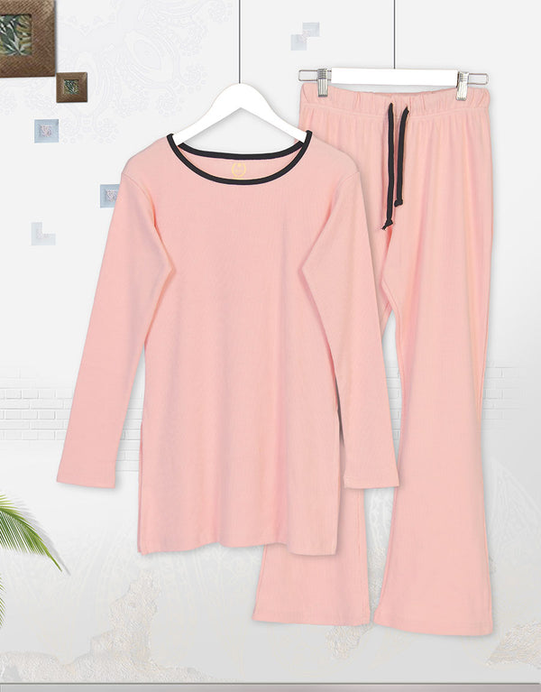 Super Soft Cosy Rib Shirt & Flare Trousers - Baby Pink
