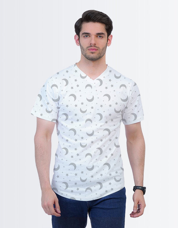 M-17 Men's Essential Star Printed V-Neck T-Shirt-White