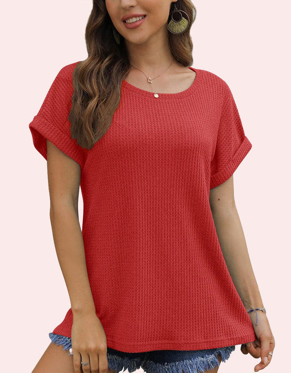 Unisex Textured Waffle Short Sleeve T-Shirt-Red
