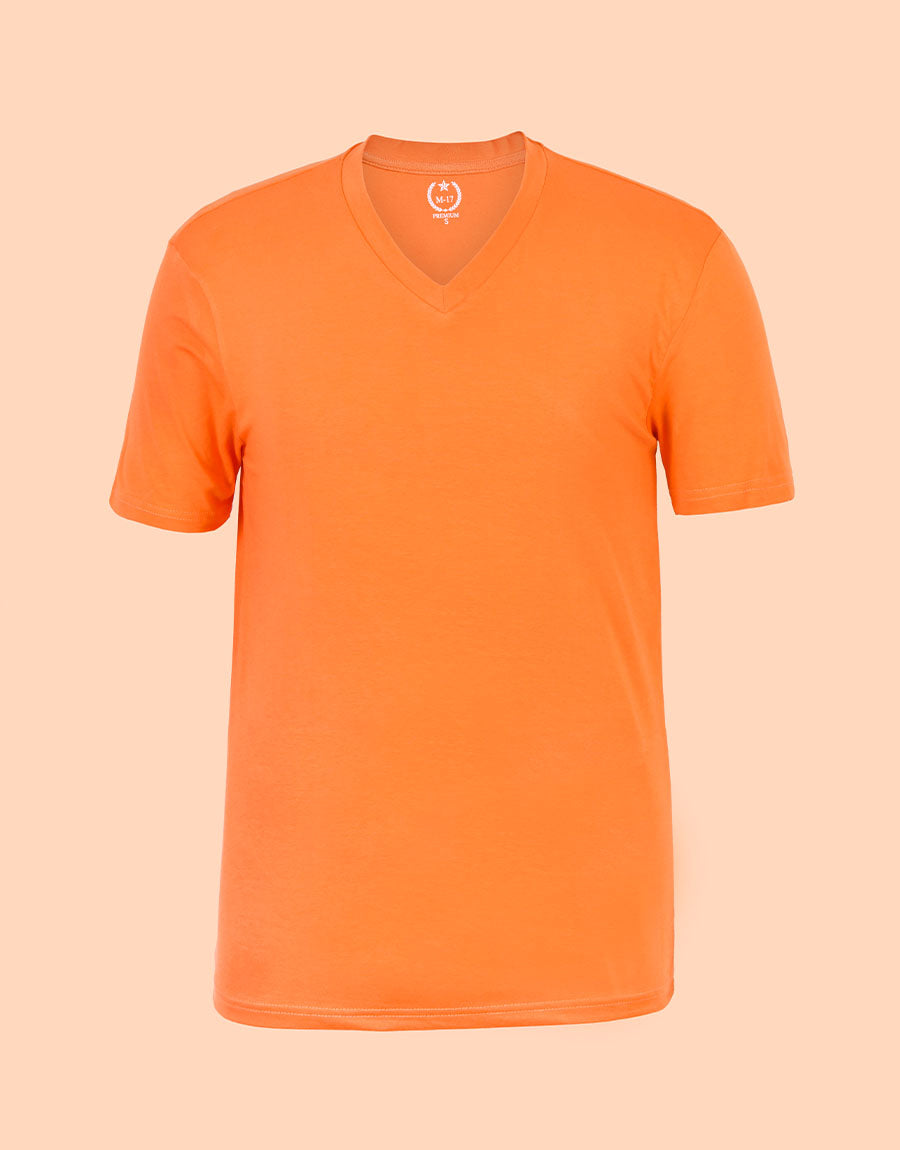 Men Plain V-Neck Short Sleeve Tee Shirt-Orange