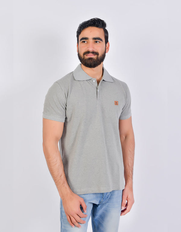 MENS PREMIUM POLO SHIRT WITH LEATHER BADGE-ASH GREY