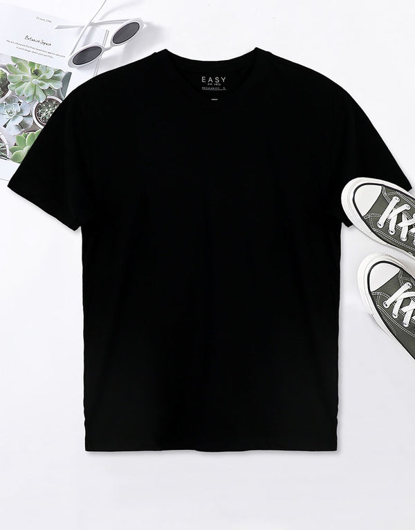 Men Plain V-Neck Short Sleeve Tee Shirt-Black