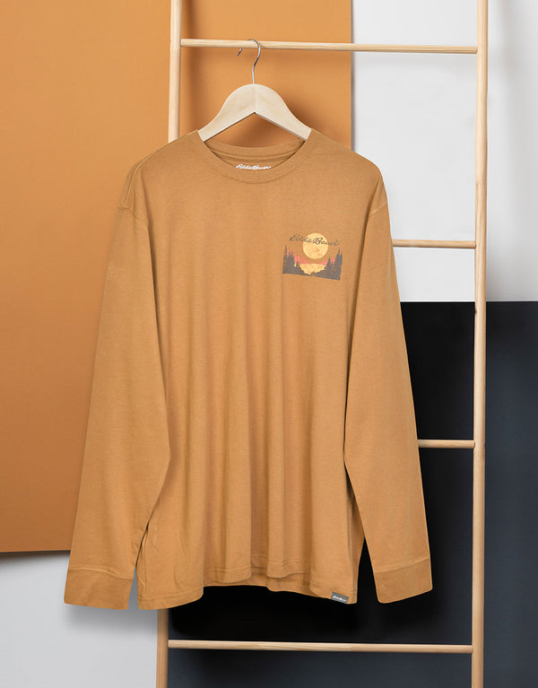 EDBR Men's Printed Mountain ESTD 1920 Crew Neck T-Shirt-Peanut Brown