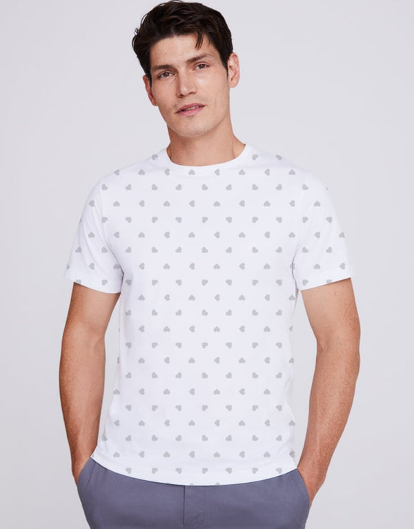 M-17 Men's Essential Heart Printed Crew Neck Tee Shirt-White