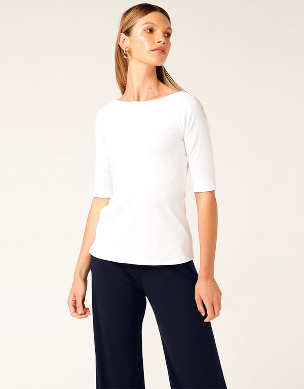 Ladies Full Sleeve Rib Cotton 3/4 Tee-Shirt-White