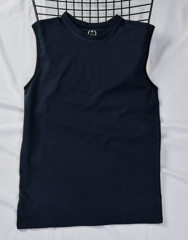 Men's Plain Crew Neck Sleeveless Shirt-Navy