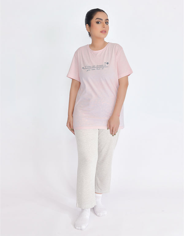 Stripe Style Trouser with Printed Shirt For Ladies