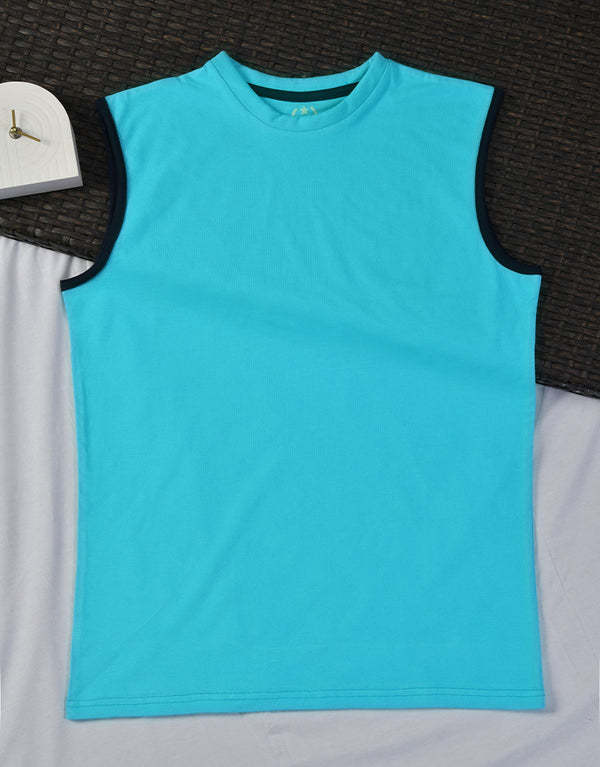 Men's Plain Crew Neck Sleeveless Shirt-Aqua