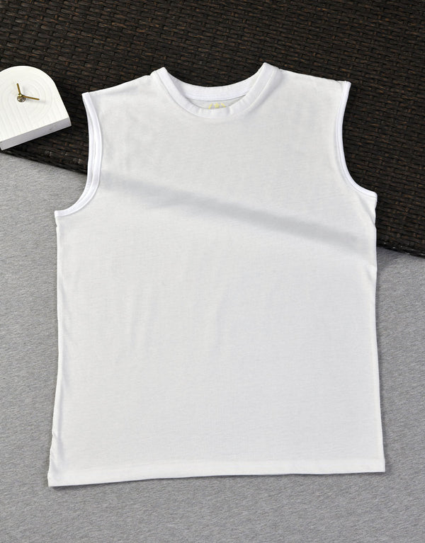 Men's Plain Crew Neck Sleeveless Shirt-White