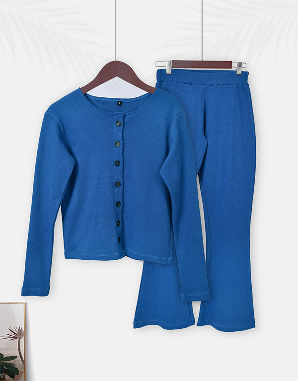 Super Soft Cosy Rib Open Shirt & Flare Trousers - Blue