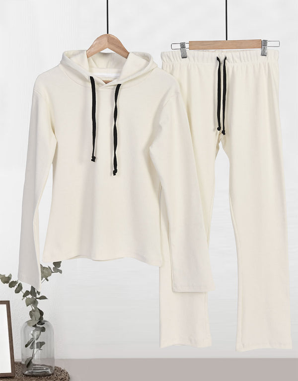 Super Soft Cosy Rib  Hoodie & Straight Trousers - Off White