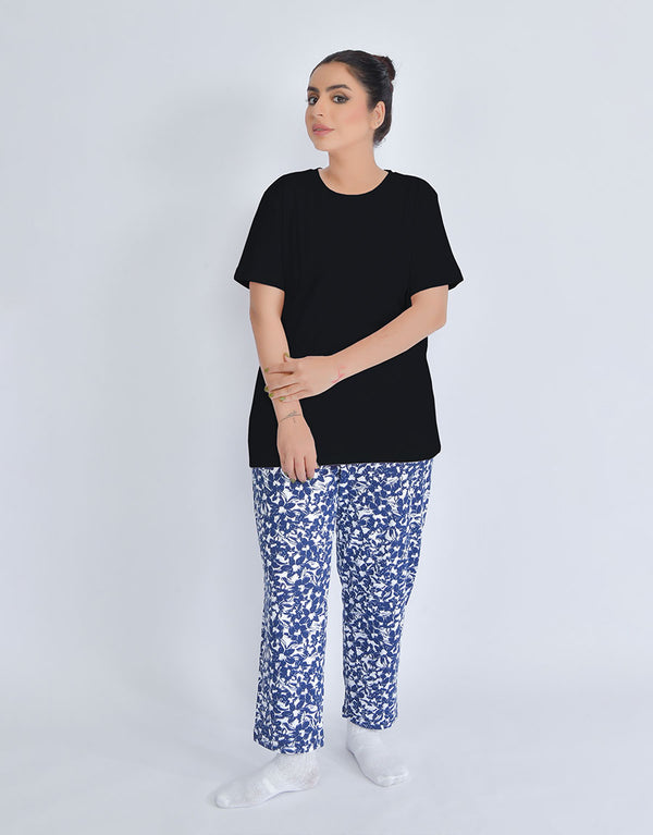 Printed Pajama With Snow White Shirt Loungewear For Ladies-Blue With Blue