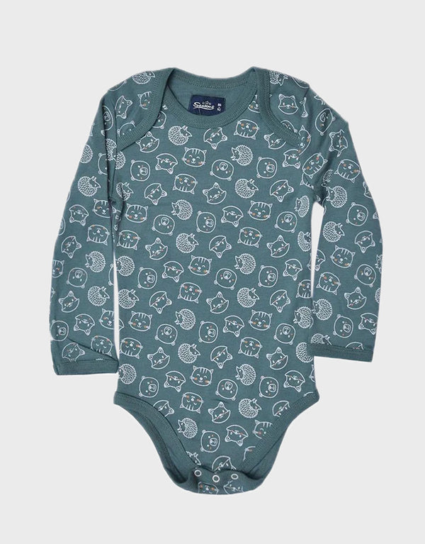 Cartoon Print Long Sleeve Baby Rompers-Green