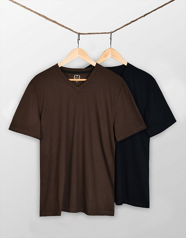 Pack Of 2 Men Plain V-Neck Short Sleeve Tee Shirt-Chocolate-Navy