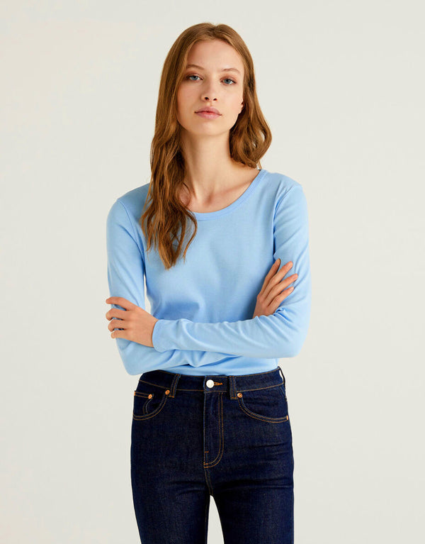 Ladies Plain Full Sleeve Crew Neck Tee Shirt-Blue