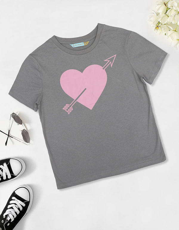 Ladies Heart With Arrow Doodle Printed Crew Neck Tee Shirt