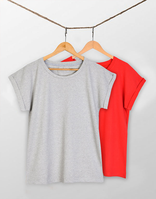 Pack Of 2 Unisex Textured Waffle Short Sleeve T-Shirt-Grey-Red