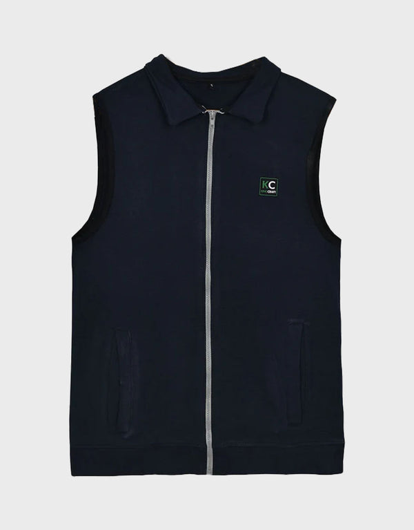Unisex Sleeveless Terry Fabric Zipper Jacket-Navy