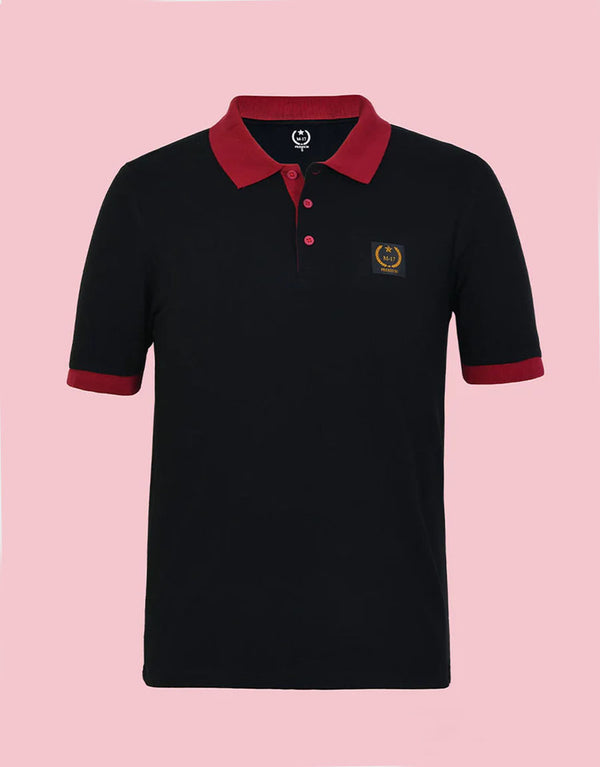 Men Short Sleeve Polo Shirt Maroon Collar & Cuff-Black