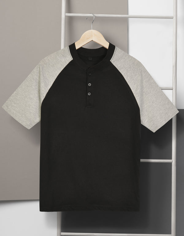Men's Henley Single Jersy Cotton T.Shirt-Black