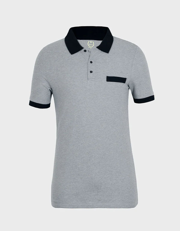 Men Pocket Style Short Sleeve Polo Shirt Black Collar & Cuff-Grey