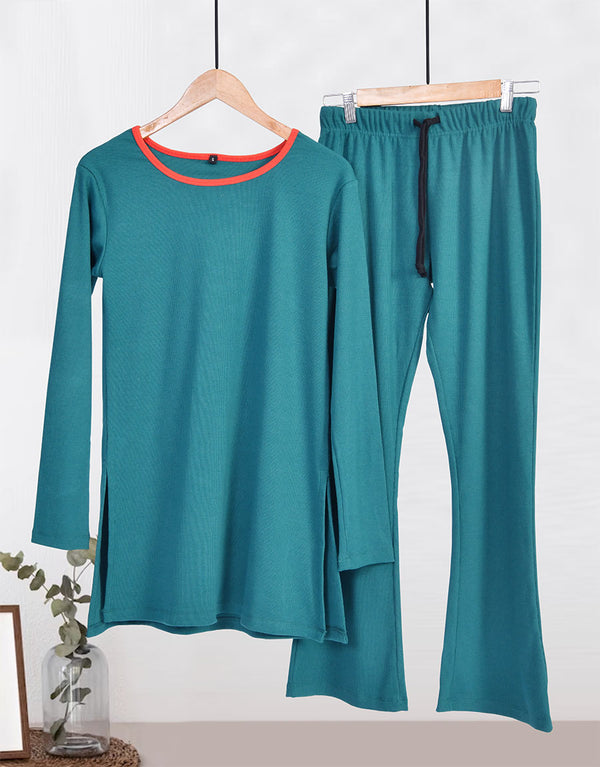 Super Soft Cosy Rib Shirt & Flare Trousers - Teal