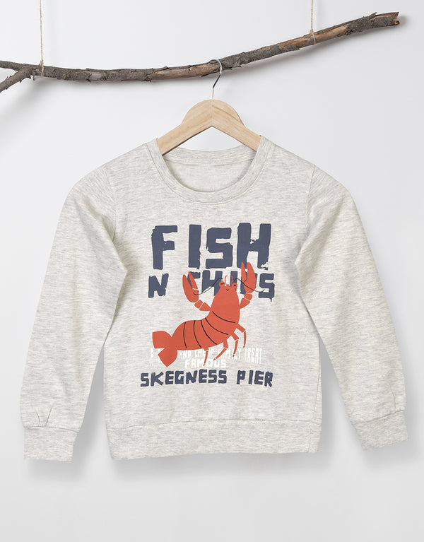 Kids Fish N Chips Printed Terry Sweat Shirt-Grey