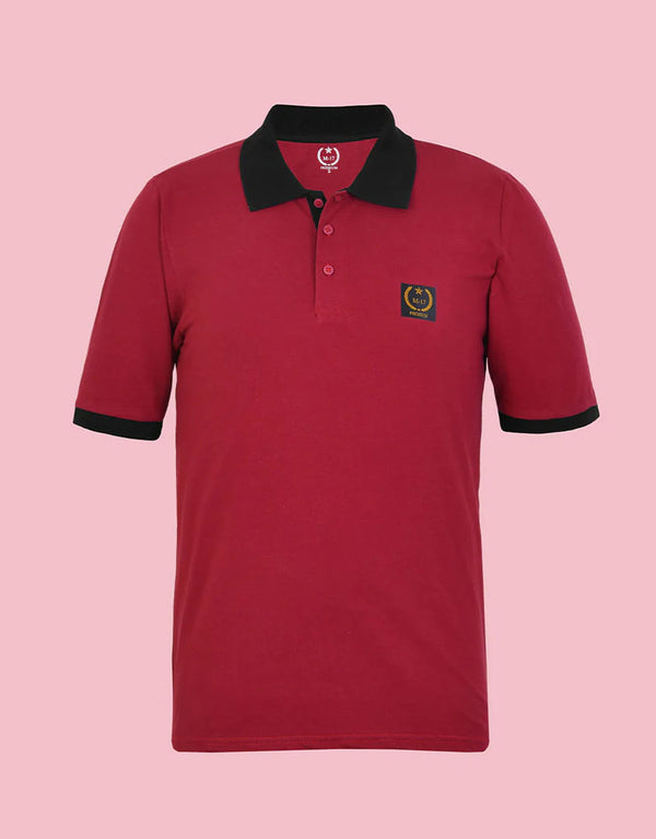 Men Short Sleeve Polo Shirt Black Collar & Cuff-Red