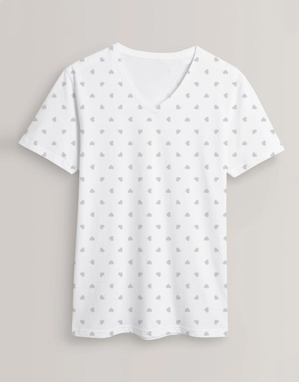 M-17 Men's Essential Heart Printed V-Neck Tee Shirt-White