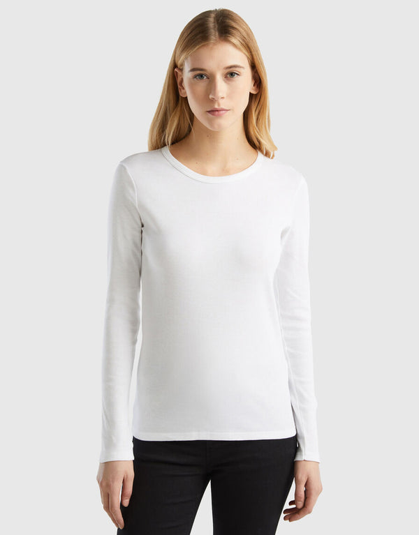 Women's T-Shirt Long Sleeves Lycra Jersey Crew Neck-White