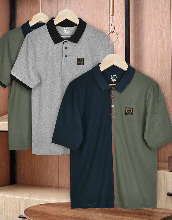 Pack Of 3 Men Olive Back Short Sleeve Polo Shirt-Olive/Navy-Dark Grey