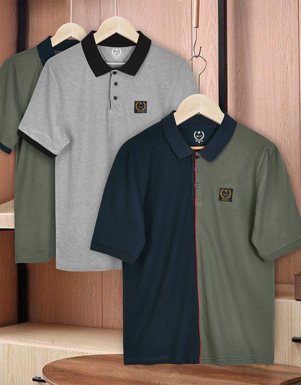 Buy 2 Get 1 Free Men Olive Back Short Sleeve Polo Shirt-Olive/Navy-Dark Grey