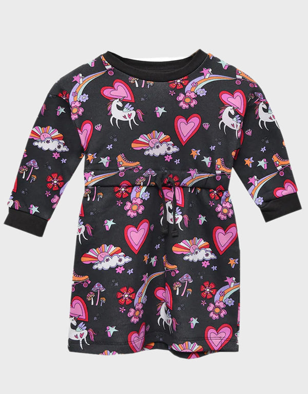 Girls Crew Neck Printed Fleece Frock