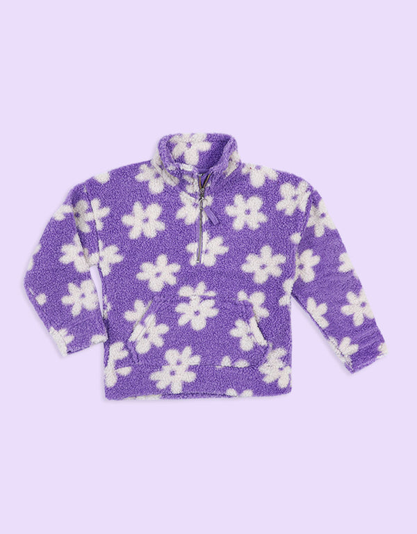 Kids Floral Ultra Soft Sherpa Half Zipper Sweatshirt-Purple
