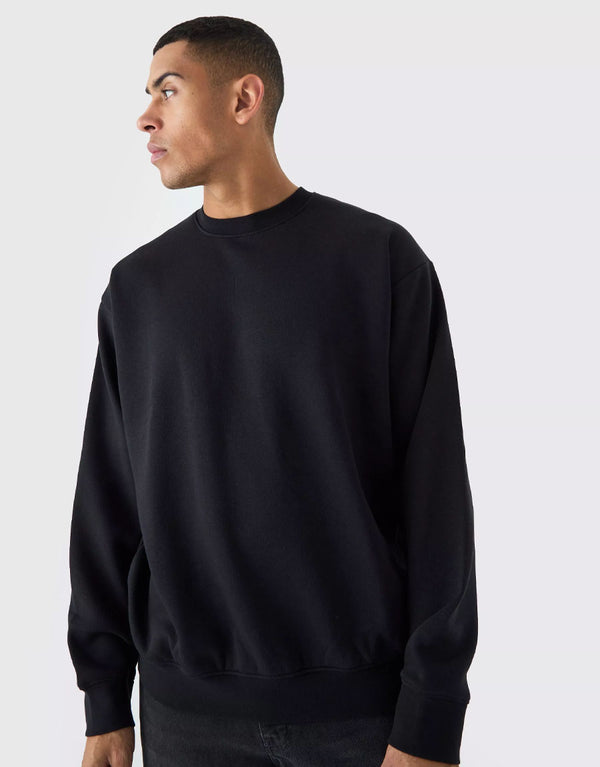 BHO Men's Crew Neck Soft Fleece Basic Oversized Sweatshirt-Black