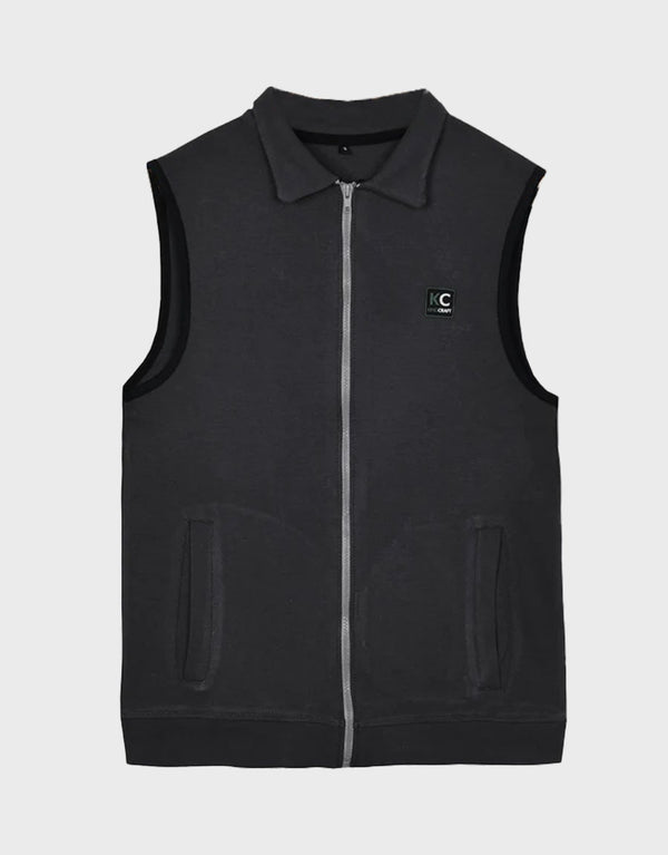 Unisex Sleeveless Terry Fabric Zipper Jacket-Grey