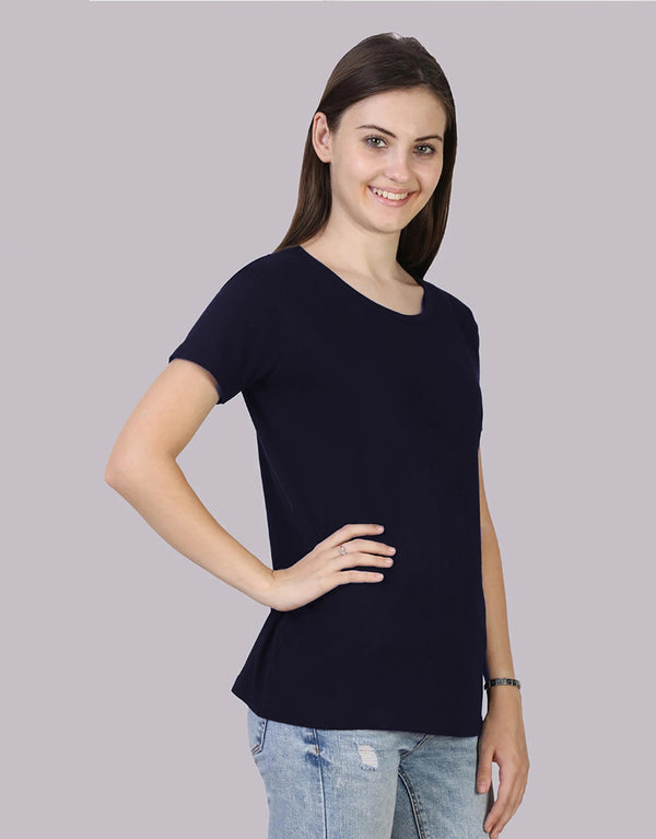 Ladies Rib Cotton Short Sleeve T-Shirt-Navy Blue