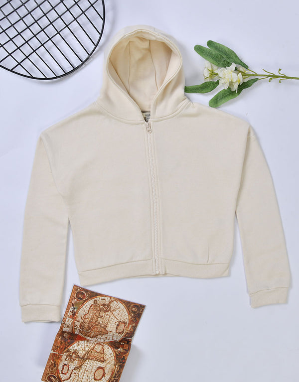 Girl's Short Body Fleece Hoodie - Cream