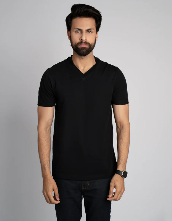 Men Plain V-Neck Short Sleeve Tee Shirt-Black