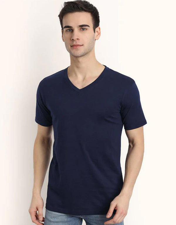 Men Plain V-Neck Short Sleeve Tee Shirt-Navy