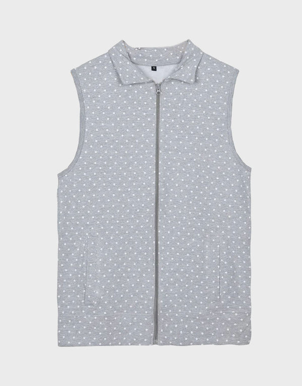 Unisex Sleeveless Terry Fleece Fabric Zipper Jacket-Grey Dot