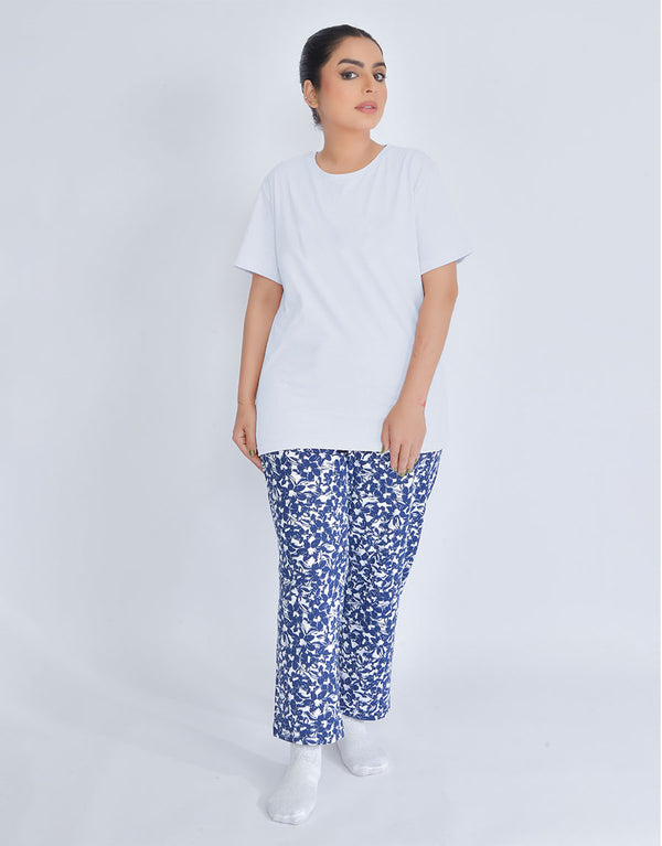 Printed Pajama With Snow White Shirt Loungewear For Ladies-Blue With White
