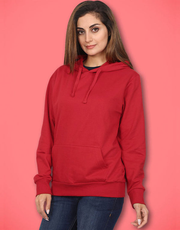 Ladies Basic Solid Fleece Hoodie-Red