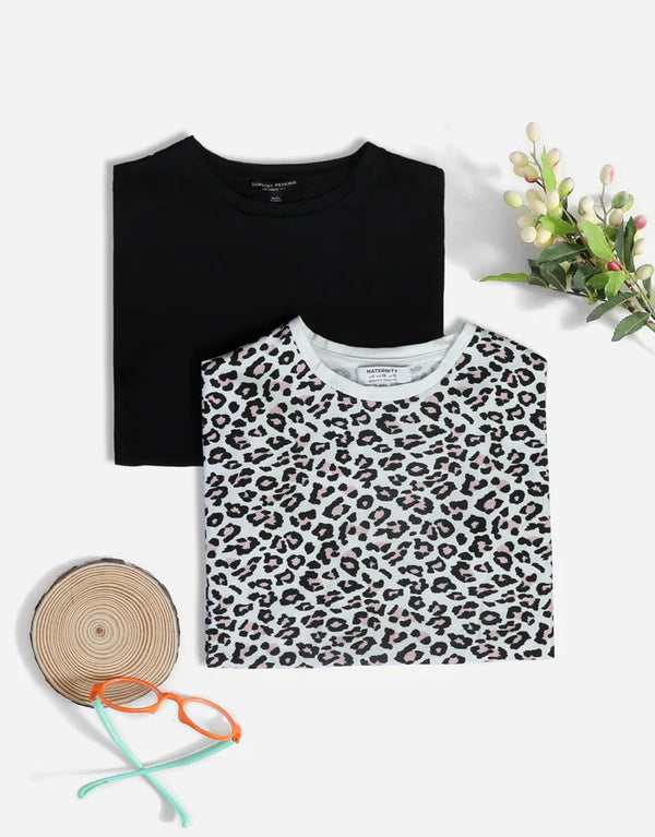 Buy 1 Get 1 Free Ladies Crew Neck Roll Sleeve T-Shirt- White Leopard/Black