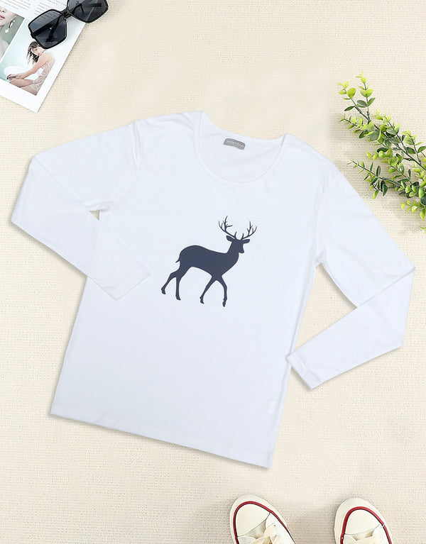 Ladies Full Sleeve Deer Printed Crew Neck Tee Shirt
