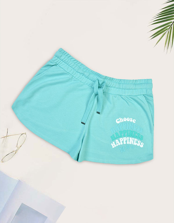 Ladies Choose Happiness Printed Terry Short-Aqua