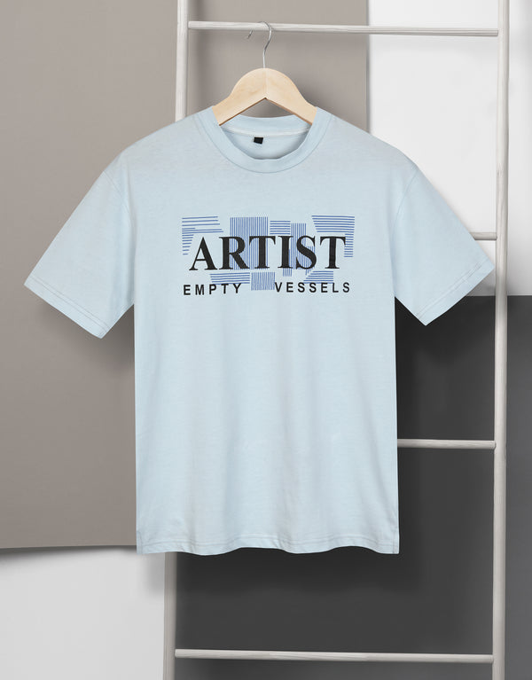Men's Single Jersey Artist Printed Tee Shirt-Light Blue
