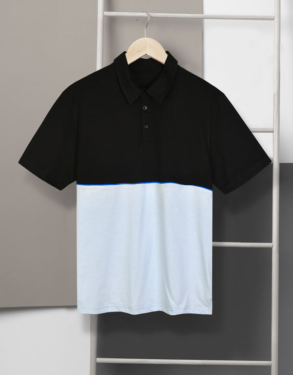 Men's Single Jersy Cotton Polo Shirt-Black & Sky